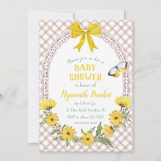 013 Chocolate Brown Daisy Bow Gingham Baby Shower Invitation (Front)