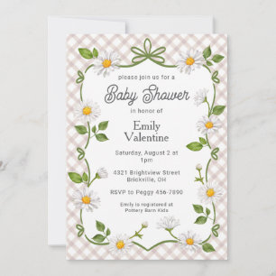 013 Chocolate Brown Floral Daisy Plaid Baby Shower Invitation