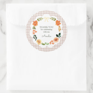 013 Chocolate Brown Floral Gingham Baby Shower Classic Round Sticker