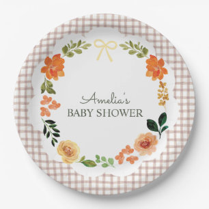 013 Chocolate Brown Floral Gingham Baby Shower Paper Plate