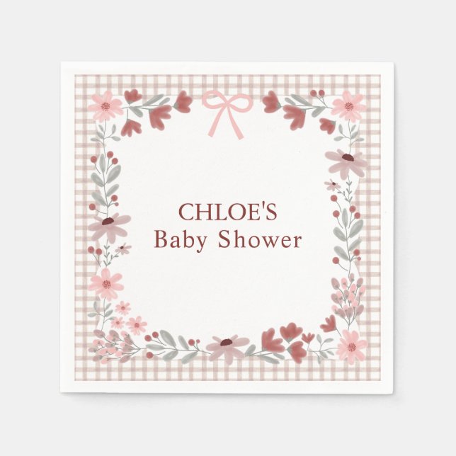 013 Chocolate Brown Wildflower Bow Gingham Shower Napkin (Front)