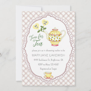 013 Chocolate Cute Gingham Tea Party Baby Shower Invitation