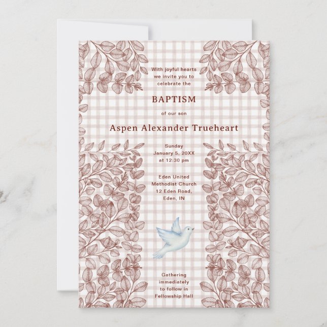 013 Chocolate Dove Botanical Cross Gingham Baptism Invitation (Front)