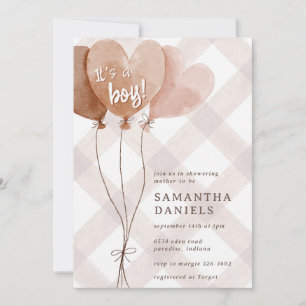 013 Chocolate Heart Balloon Gingham Baby Shower Invitation