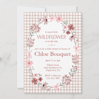 013 Chocolate Wildflower Bow Gingham Baby Shower Invitation