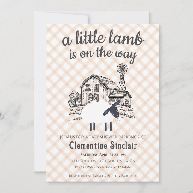 014 Latte A Little Lamb Farm Plaid Baby Shower Invitation (Front)