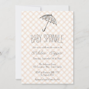 014 Latte Brown Umbrella Gingham Baby Sprinkle Invitation