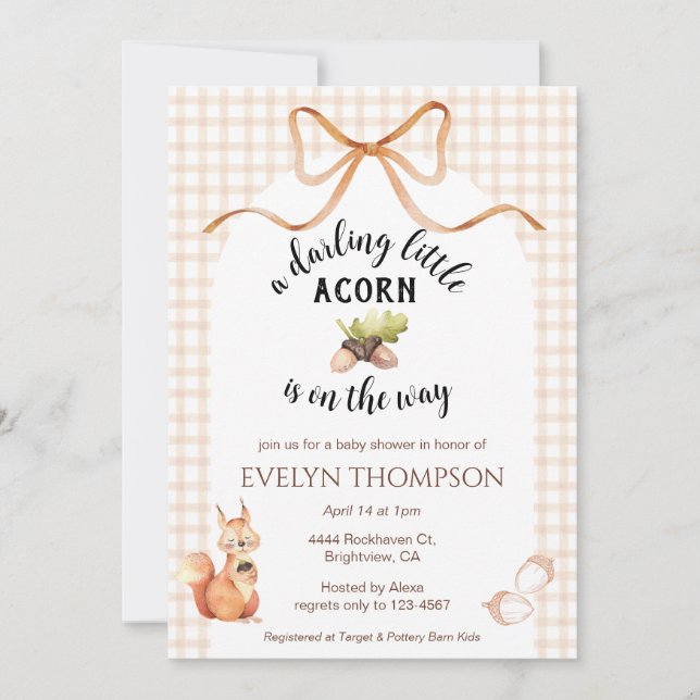 014 Latte Squirrel Acorn Gingham Bow Baby Shower Invitation (Front)