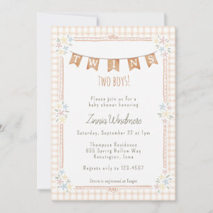014 Latte Tan Gingham Floral Twins Baby Shower Invitation