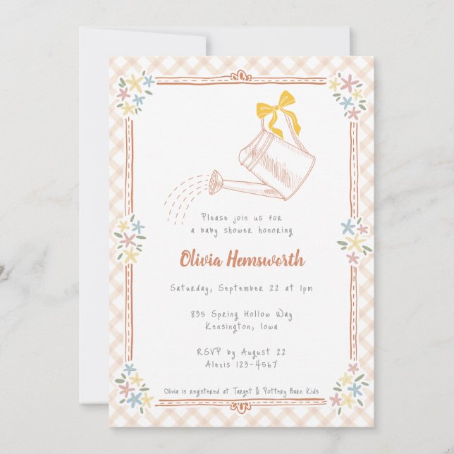 014 Latte Tan Gingham Watering Can Baby Shower Invitation (Front)