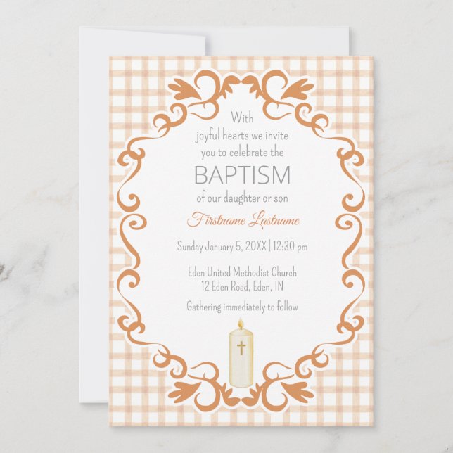014 Latte Tan Scroll Gingham Cross Candle Baptism Invitation (Front)