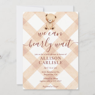014 Latte Tan Teddy Bear Gingham Baby Shower Invitation