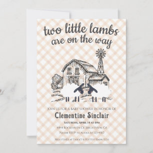 014 Latte Two Little Lambs Farm Plaid Baby Shower Invitation