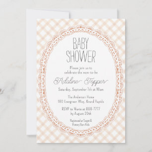 014 Latte Vintage Lace Frame Gingham Baby Shower Invitation