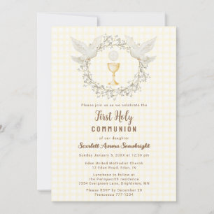 015 Lemon Dove & Chalice Gingham 1st Communion Invitation