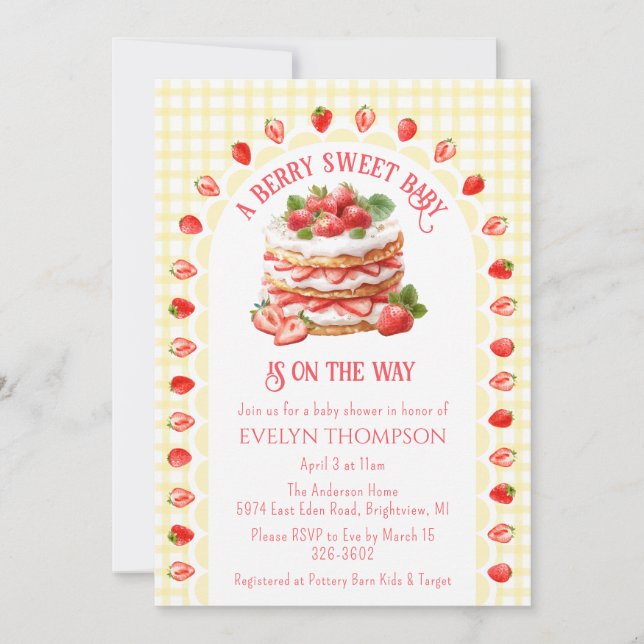 015 Lemon Plaid Strawberry Shortcake Baby Shower Invitation (Front)