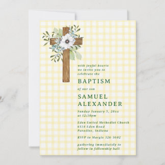 015 Lemon Rustic Greenery Wooden Cross Baptism Invitation