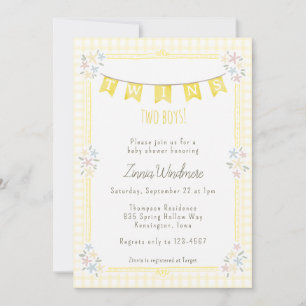 015 Lemon Yellow Gingham Floral Twins Baby Shower Invitation