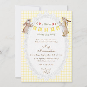 015 Lemon Yellow Sweet Bunny Gingham Baby Shower Invitation