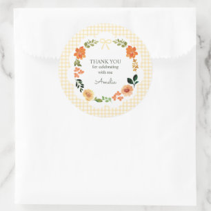 016 Marigold Floral Gingham Baby Shower Classic Round Sticker