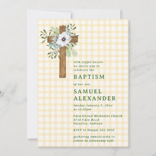 016 Marigold Rustic Greenery Wooden Cross Baptism Invitation