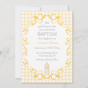 016 Marigold Scroll Gingham Cross Candle Baptism Invitation