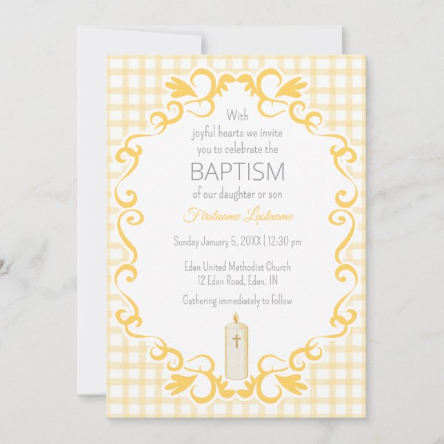 016 Marigold Scroll Gingham Cross Candle Baptism Invitation (Front)