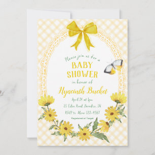 016 Marigold Yellow Daisy Bow Gingham Baby Shower Invitation