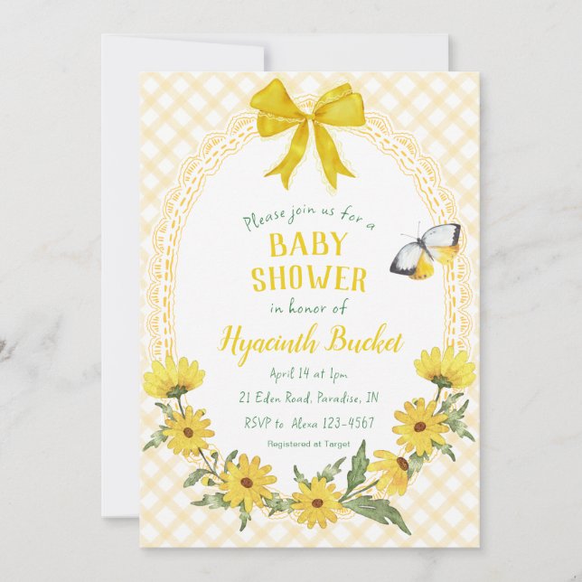 016 Marigold Yellow Daisy Bow Gingham Baby Shower Invitation (Front)