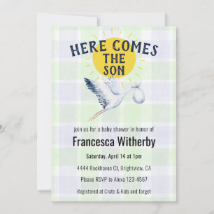 017 Moss 005 Iris Plaid Stork Boho Baby Shower Invitation