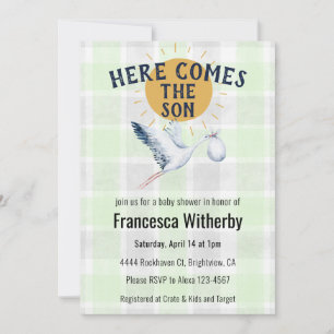 017 Moss 020 Fog Sun Plaid Stork Baby Shower Invitation