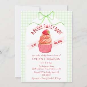 017 Moss Green Berry Sweet Strawberry Baby Shower Invitation