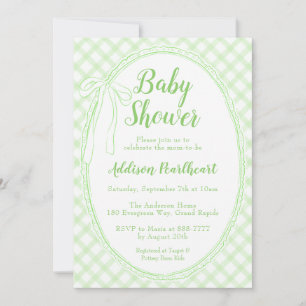 017 Moss Green Heirloom Lace Gingham Baby Shower Invitation