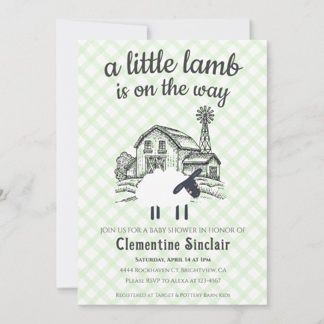 017 Moss Green Little Lamb Farm Plaid Baby Shower Invitation (Front)