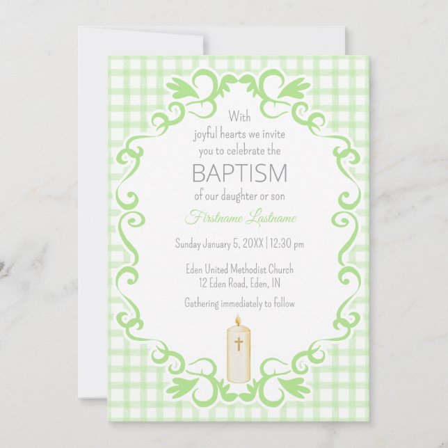 017 Moss Green Scroll Gingham Cross Candle Baptism Invitation (Front)