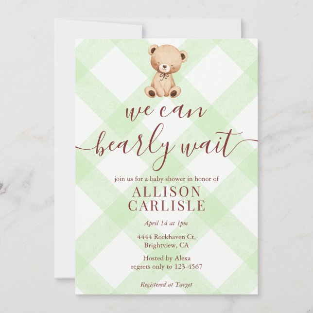 017 Moss Green Teddy Bear Gingham Baby Shower Invitation (Front)