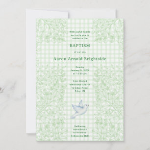 018 Grass Dove Botanical Cross Gingham Baptism Invitation