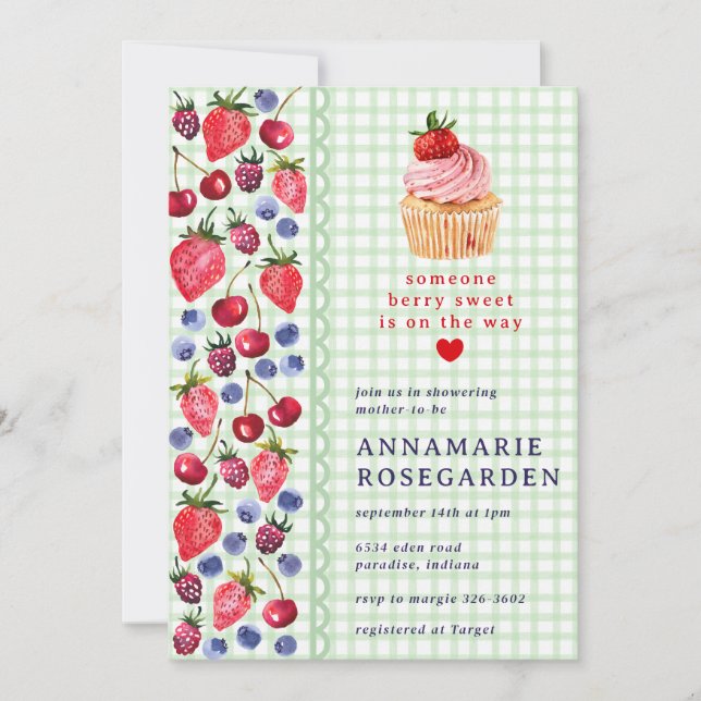 018 Grass Green Berry Patch Cupcake Baby Shower Invitation (Front)