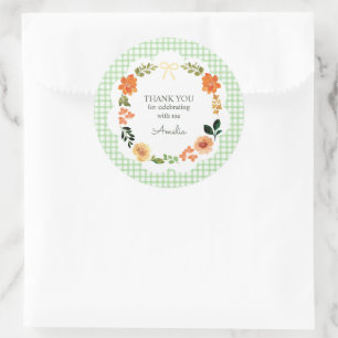 018 Grass Green Floral Gingham Baby Shower Classic Round Sticker