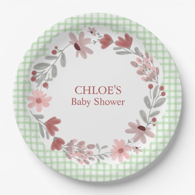018 Grass Green Wildflower Bow Frame Gingham Paper Plate (Front)
