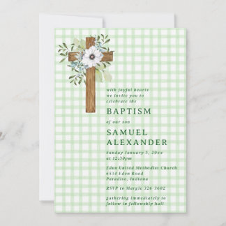 018 Grass Rustic Greenery Wooden Cross Baptism Invitation