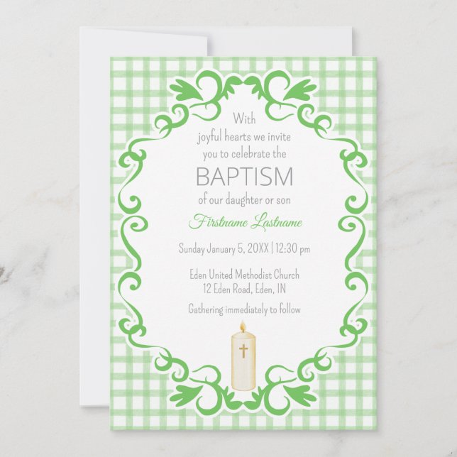 018 Grass Scroll Gingham Cross Candle Baptism Invitation (Front)