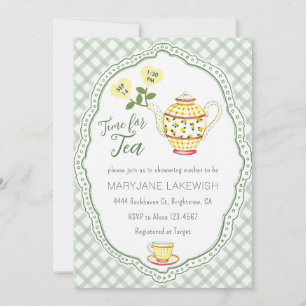 019 Forest Cute Gingham Tea Party Baby Shower Invitation