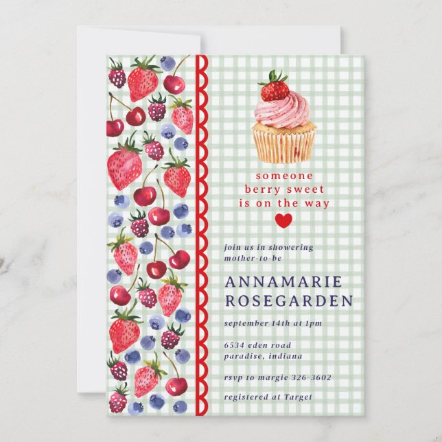 019 Forest Green Berry Patch Cupcake Baby Shower Invitation (Front)