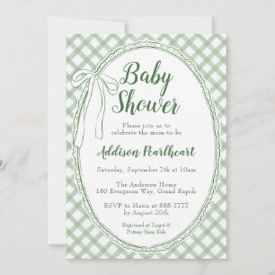 019 Forest Green Heirloom Lace Gingham Baby Shower Invitation
