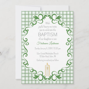 019 Forest Scroll Gingham Cross Candle Baptism Invitation
