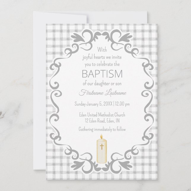 020 Fog Gray Scroll Gingham Cross Candle Baptism Invitation (Front)