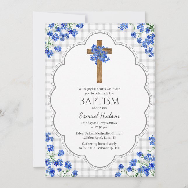 020 Fog Grey Blossom Rustic Cross Design Baptism Invitation (Front)