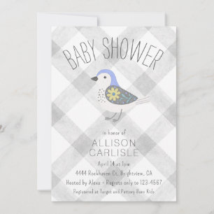 020 Fog Grey Cute Floral Bird Gingham Baby Shower Invitation