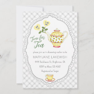 020 Fog Grey Cute Gingham Tea Party Baby Shower Invitation